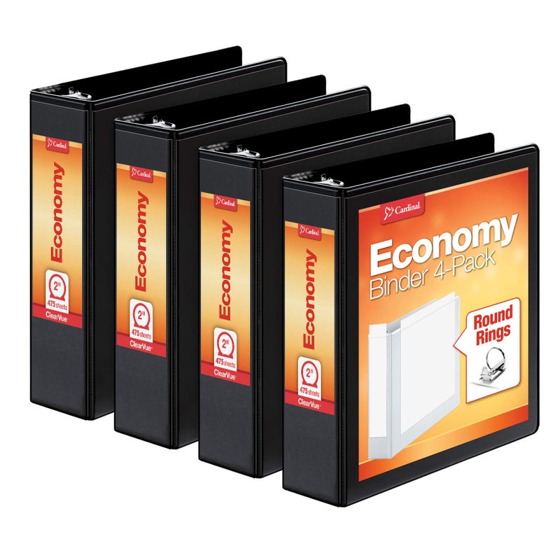 Cardinal Economy 3 Ring Binder, 2 Inch, Presentation View, Black, Holds 475 Sheets, Nonstick, PVC Free, 4 Pack of Binders (79522) - Image 1